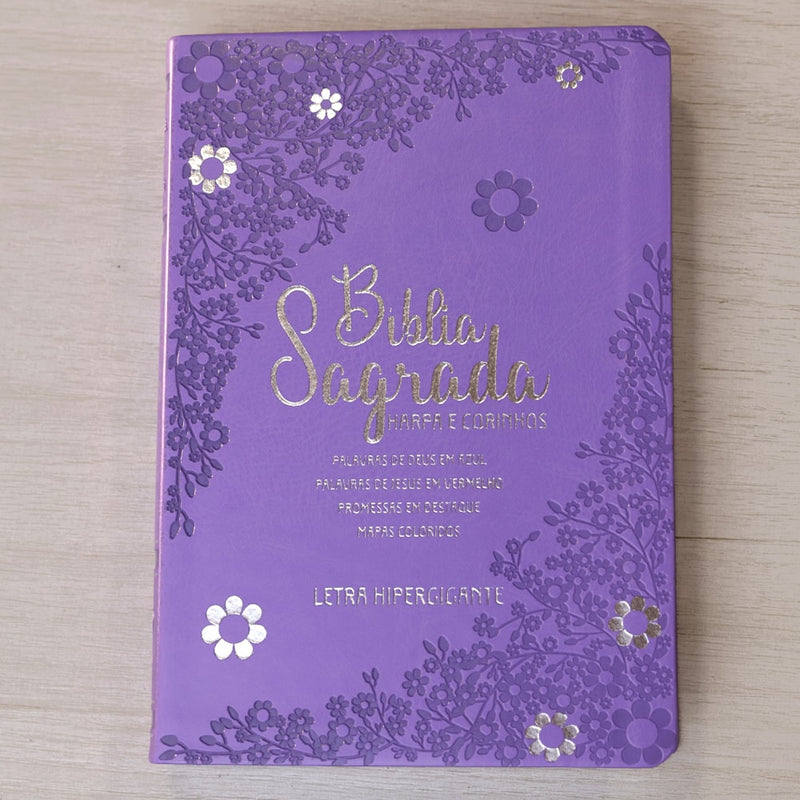 Bíblia Sagrada | Letra Hipergigante | ARC | Harpa Avivada e Corinhos | Capa PU Luxo Floral Margarida Lilás