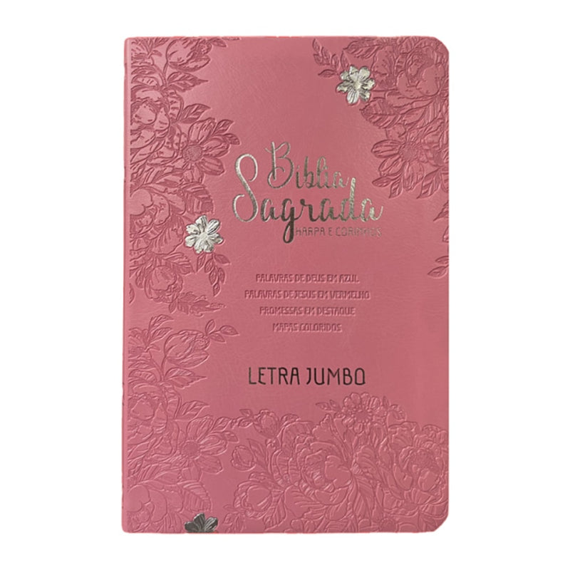 Bíblia Sagrada Letra Jumbo | ARC | Harpa Avivada e Corinhos | Capa PU Luxo Jardim Rosa